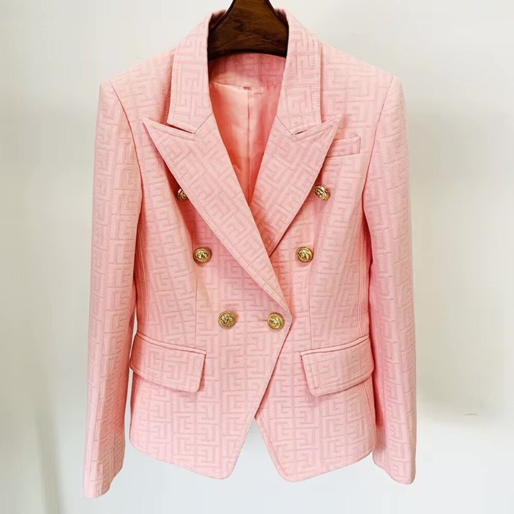 NEW! Pink Jacquard Gold Button Geo Detail Blazer Jacket - Picture 5 of 8